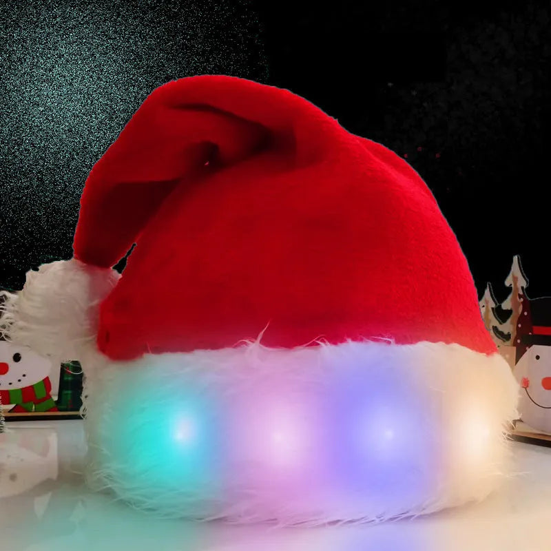 Red and white plush LED Santa hat with glowing coloured lights and a white pom-pom.