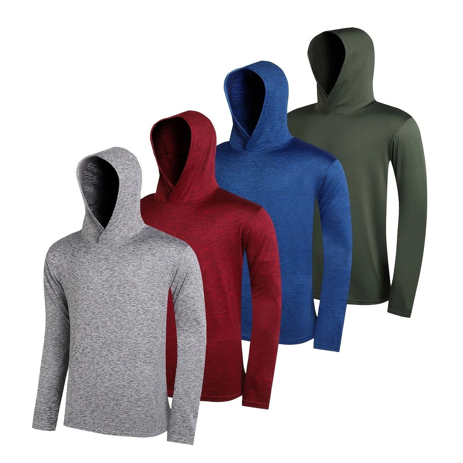 Pack of four men's lightweight hoodies in elastic polyester fibre, shown in various colours.