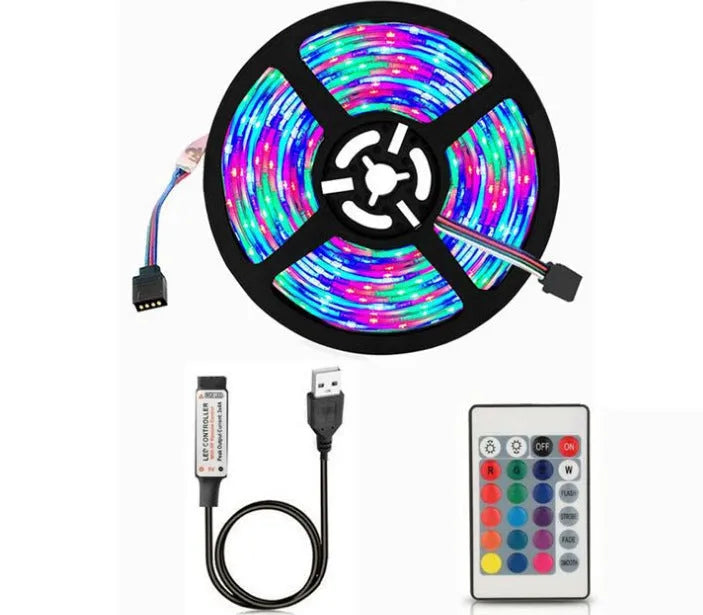 USB-powered LED light strip on a reel showing multiple colour options including white, blue, and red.