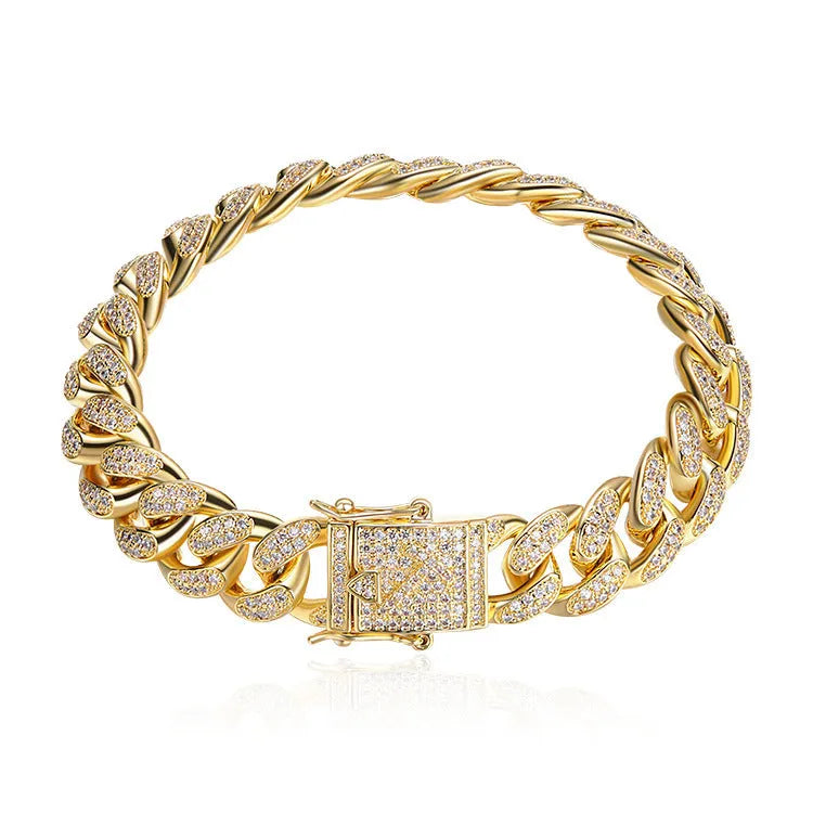 Gold men's Cuban chain bracelet with geometric zircon detailing on alloy frame