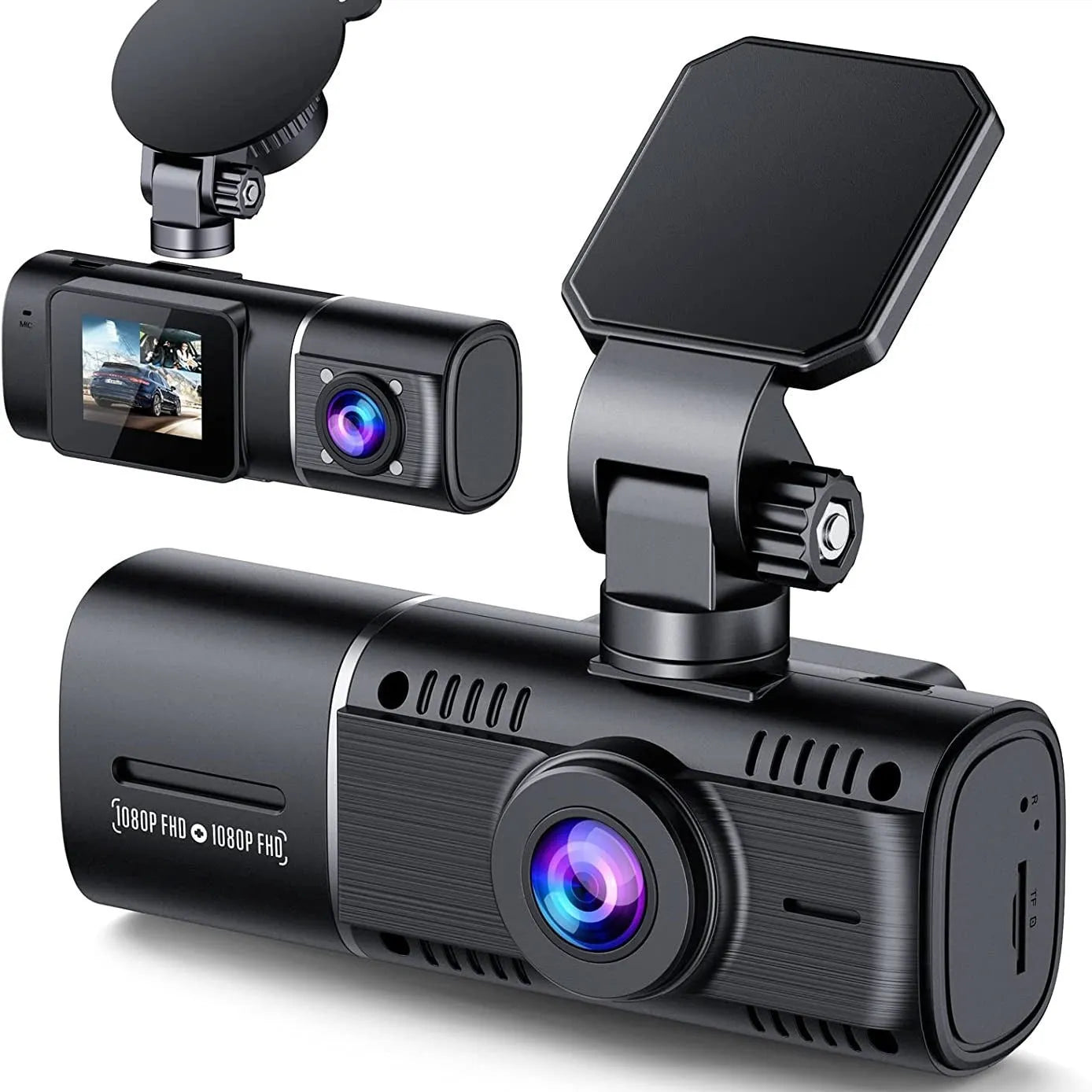 Black dual-channel dash cam on a car windscreen with front and rear recording, 1.5-inch screen.
