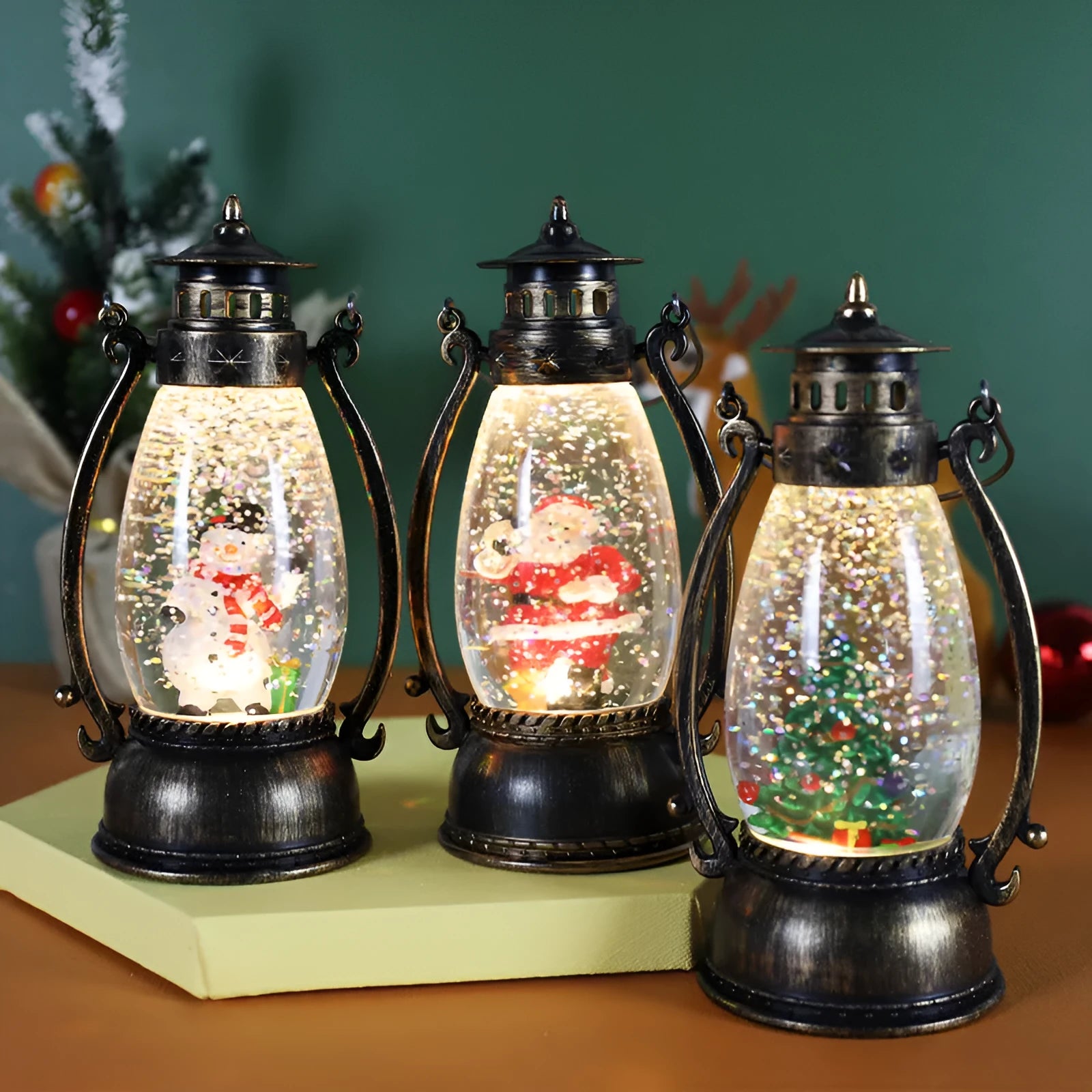 Crystal ball Christmas lamp with illuminated snowman figure inside, on a wooden table.