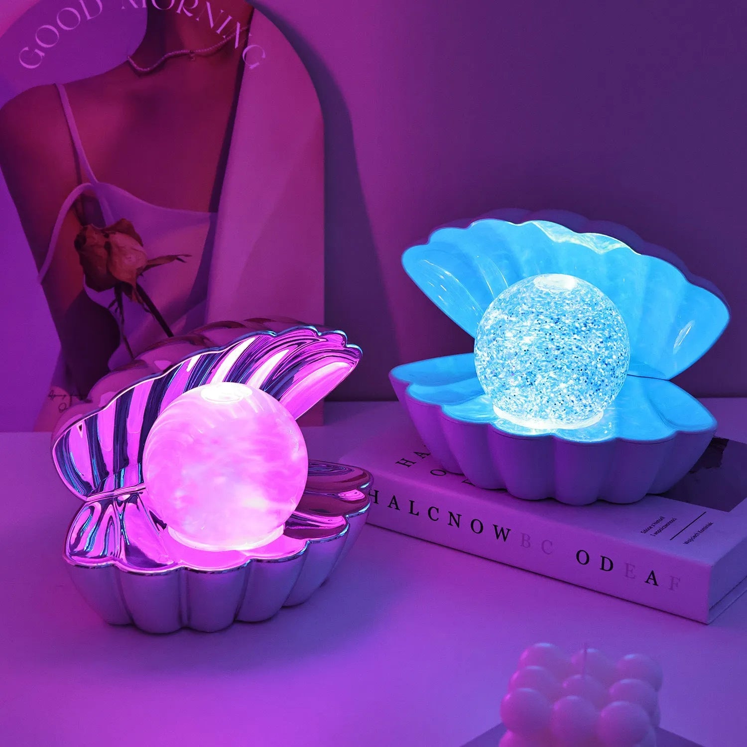 Shell-shaped neon night lamp measuring 15 by 18cm with battery power for cordless decorative lighting