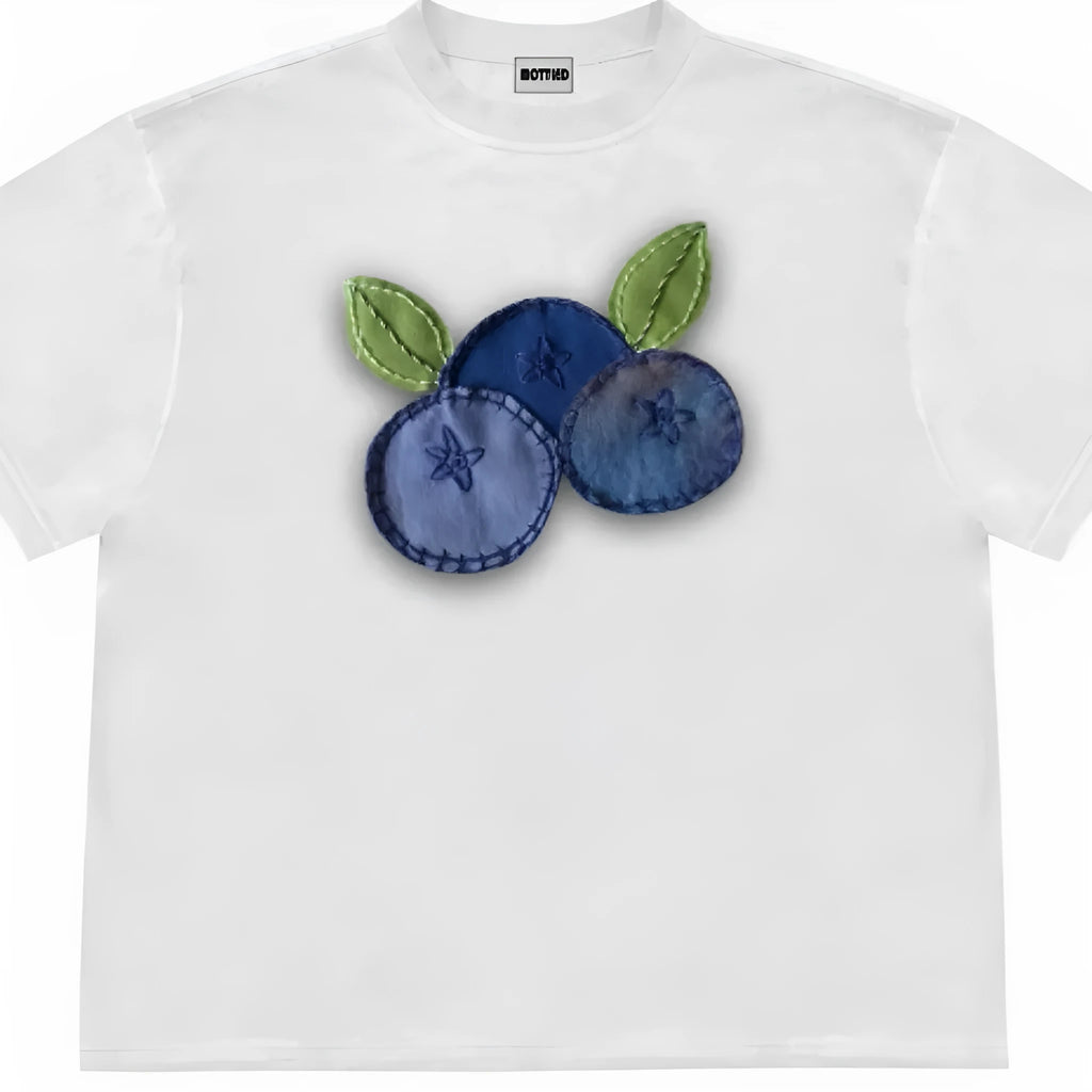 Blueberry fabric patchwork T-shirt with plant flower prints in loose fit short sleeve design
