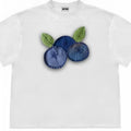 Blueberry fabric patchwork T-shirt with plant flower prints in loose fit short sleeve design