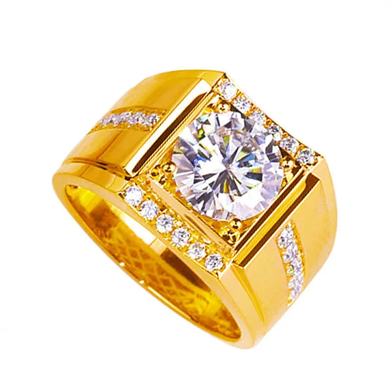 Men's geometric adjustable copper ring with high-carbon diamond zircon stones in an electroplated finish.