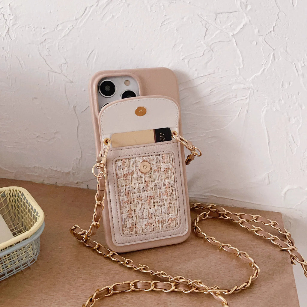 PU leather crossbody phone case with woven chain strap and card holder for iPhone