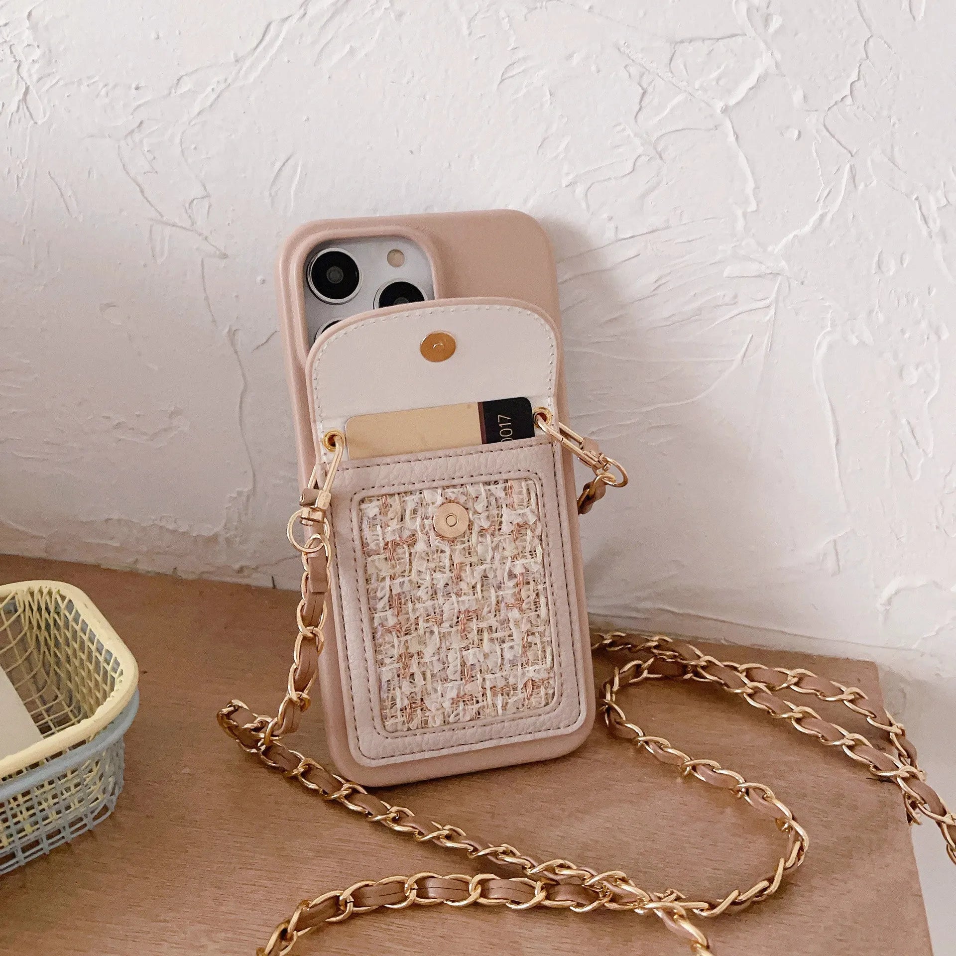 PU leather crossbody phone case with woven chain strap and card holder for iPhone