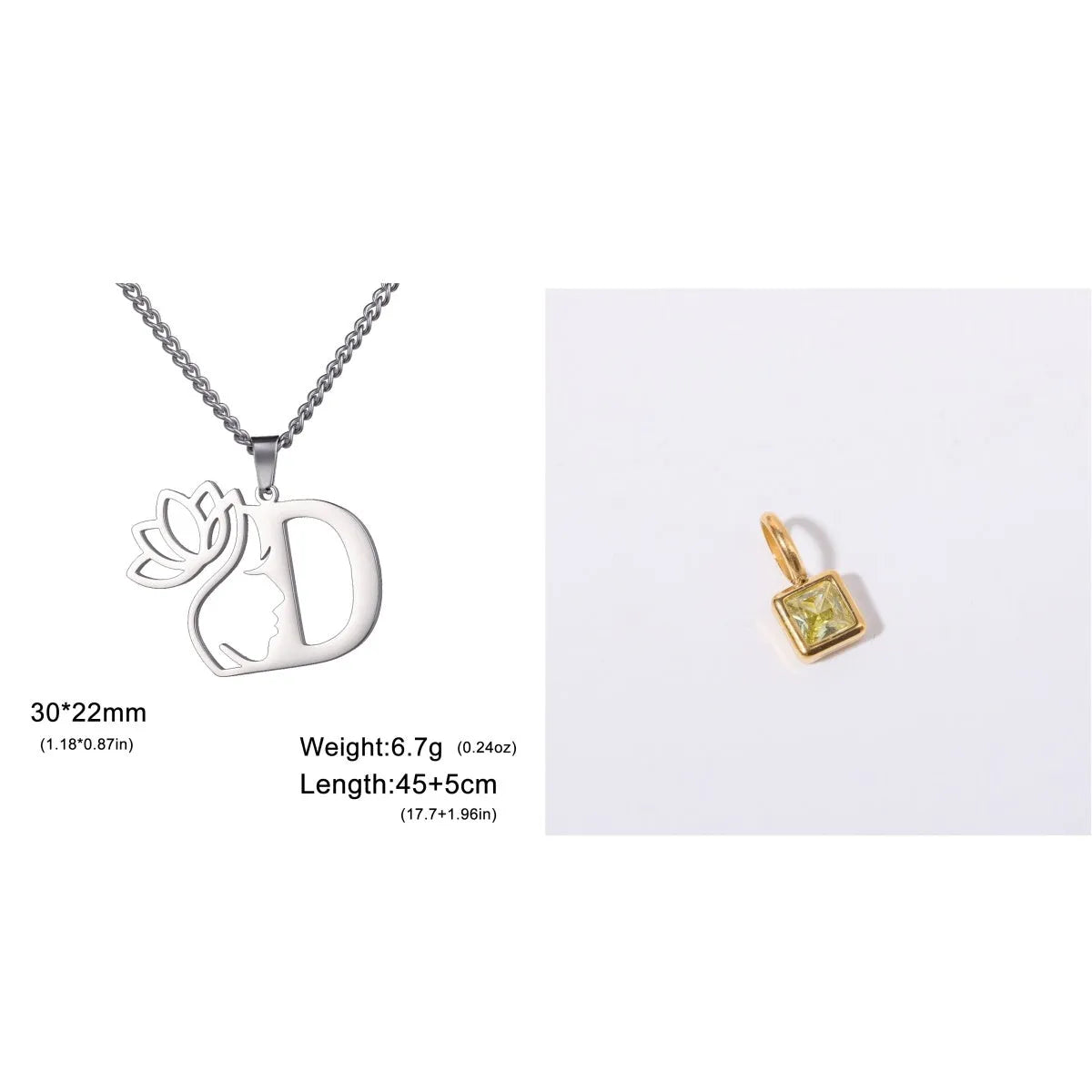 Stainless steel necklace with a single alphabet letter pendant on a cross chain, in gold or silver colour.