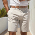 Men's light grey polyester business shorts with straight leg cut on size chart