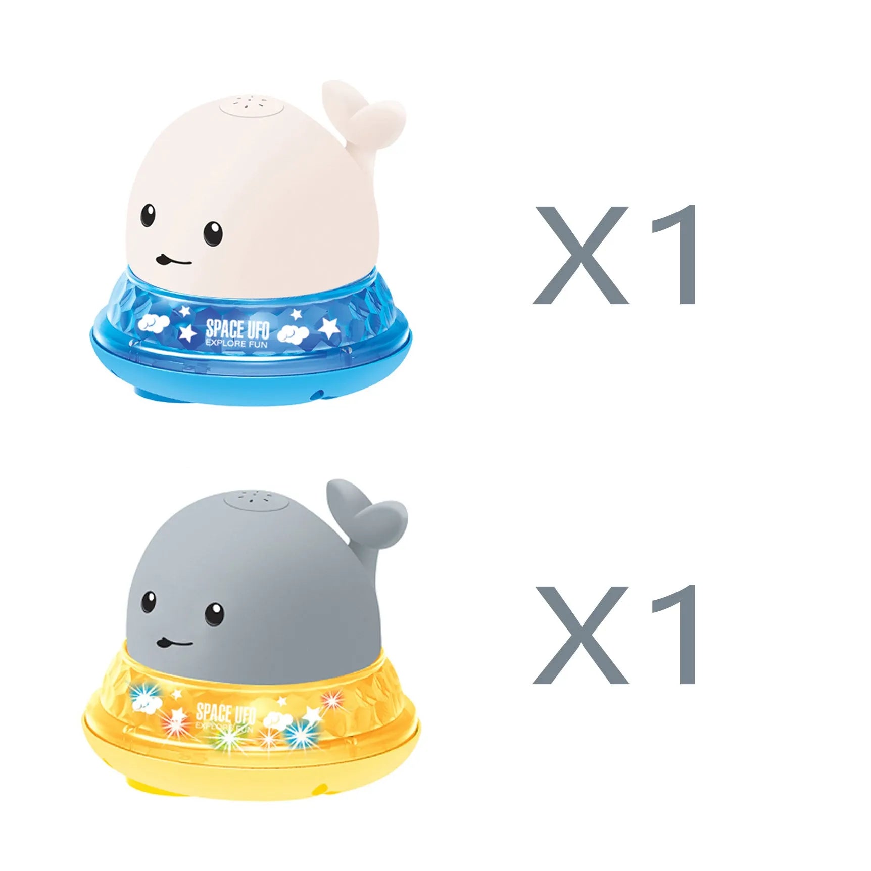 Whale-shaped electric bath toy spraying water with flashing lights, on a blue base.