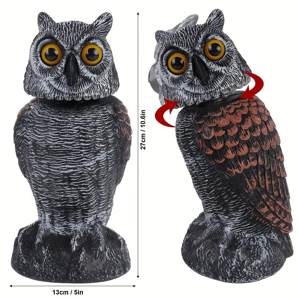 Artificial owl bird scarer ornament with motion features for outdoor garden pest control