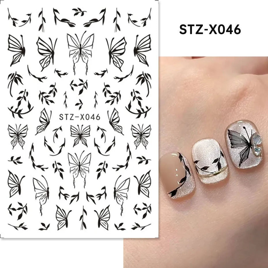 Sheet of black and silver stripe nail art stickers from a cartoon series for DIY manicures.