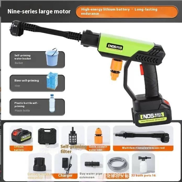 Wireless high-pressure water gun in green colour with six-in-one nozzle and accessories for household cleaning