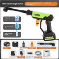 Wireless high-pressure water gun in green colour with six-in-one nozzle and accessories for household cleaning