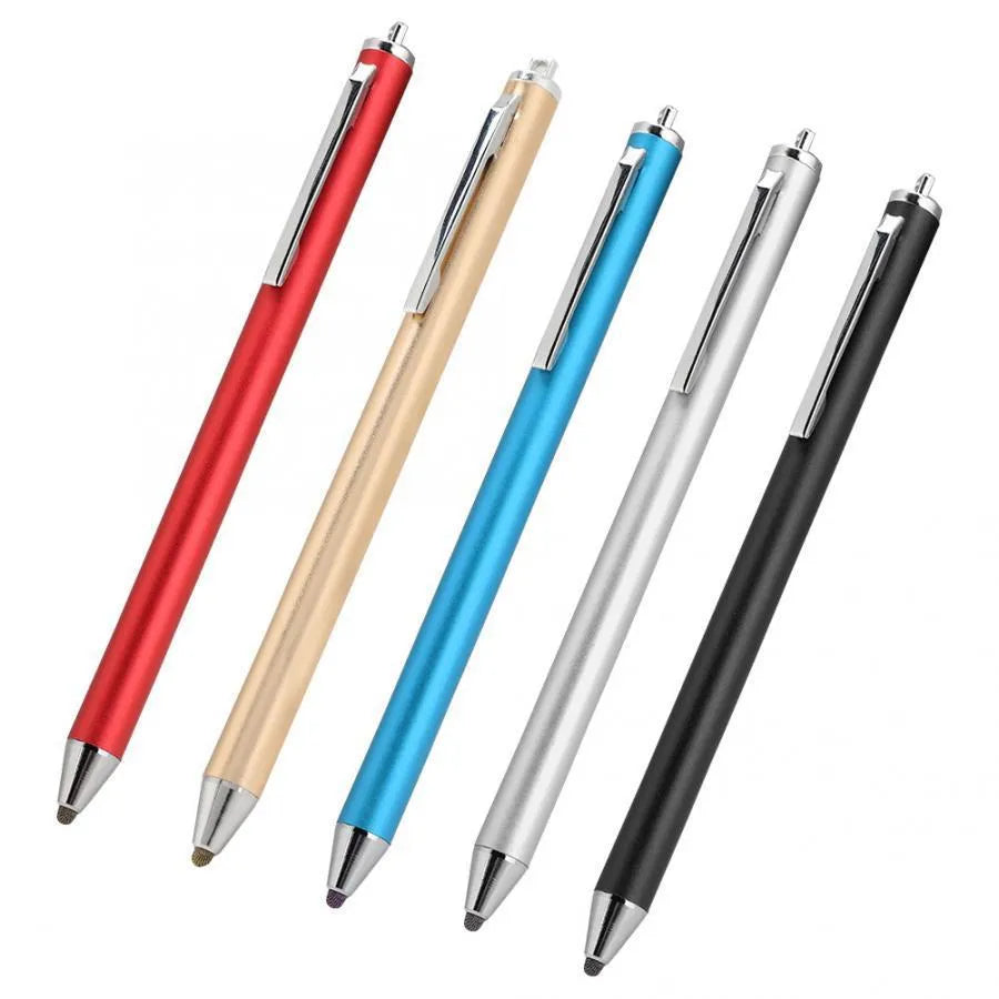 Fine tip metal stylus for tablet and phone drawing in black, silver, red, blue, gold, pink, or grey.