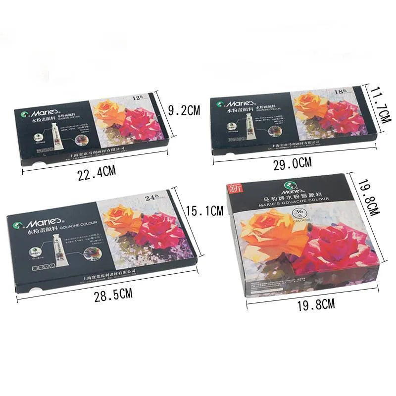 Set of gouache paint tubes in 12, 18, or 24 colours with 5ml or 12ml sizes for artists.