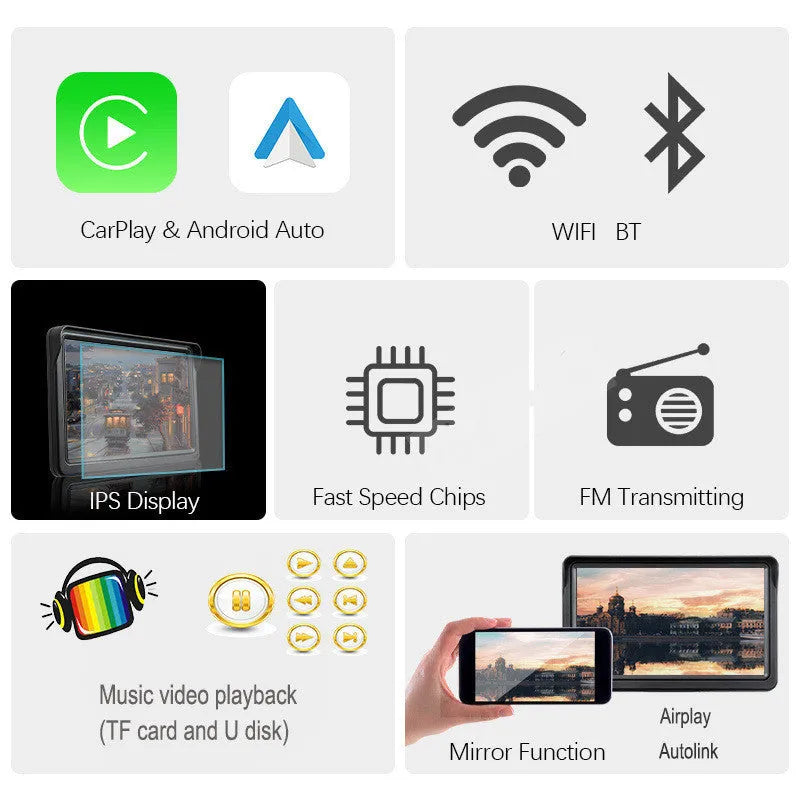 7-inch portable car smart display with retractable mount on a car dashboard showing navigation