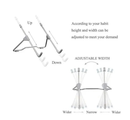 Grey aluminium alloy and plastic adjustable stand holding a mobile phone and a laptop.