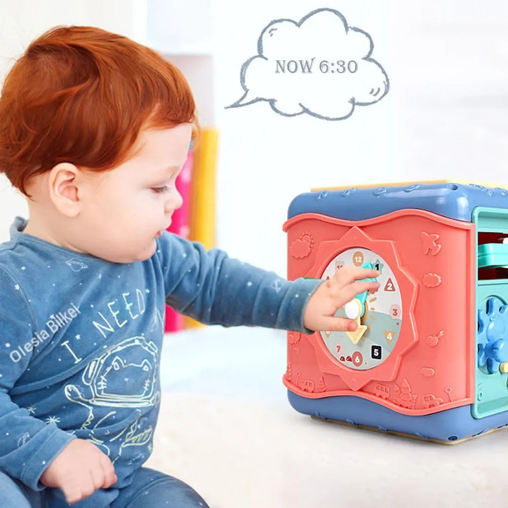 Colourful hexahedron educational toy with six different Montessori activity faces including bead maze and clock