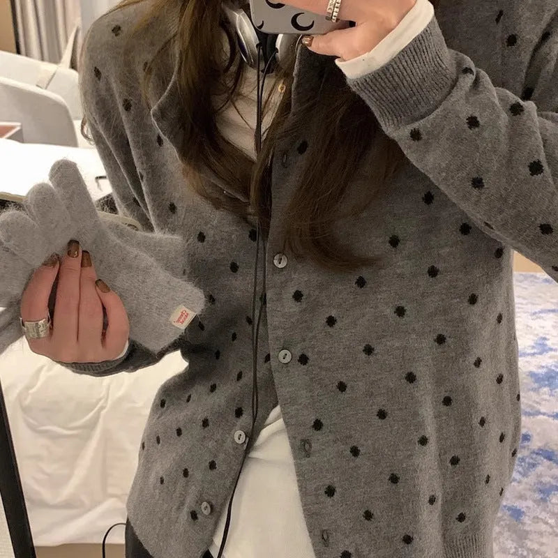 Women's Korean-inspired grey dot pattern knitted cardigan with crocheted flower details and long sleeves