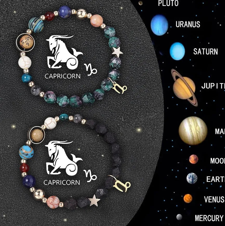 Complete set of twelve zodiac sign bracelets with natural stone beads and adjustable closures