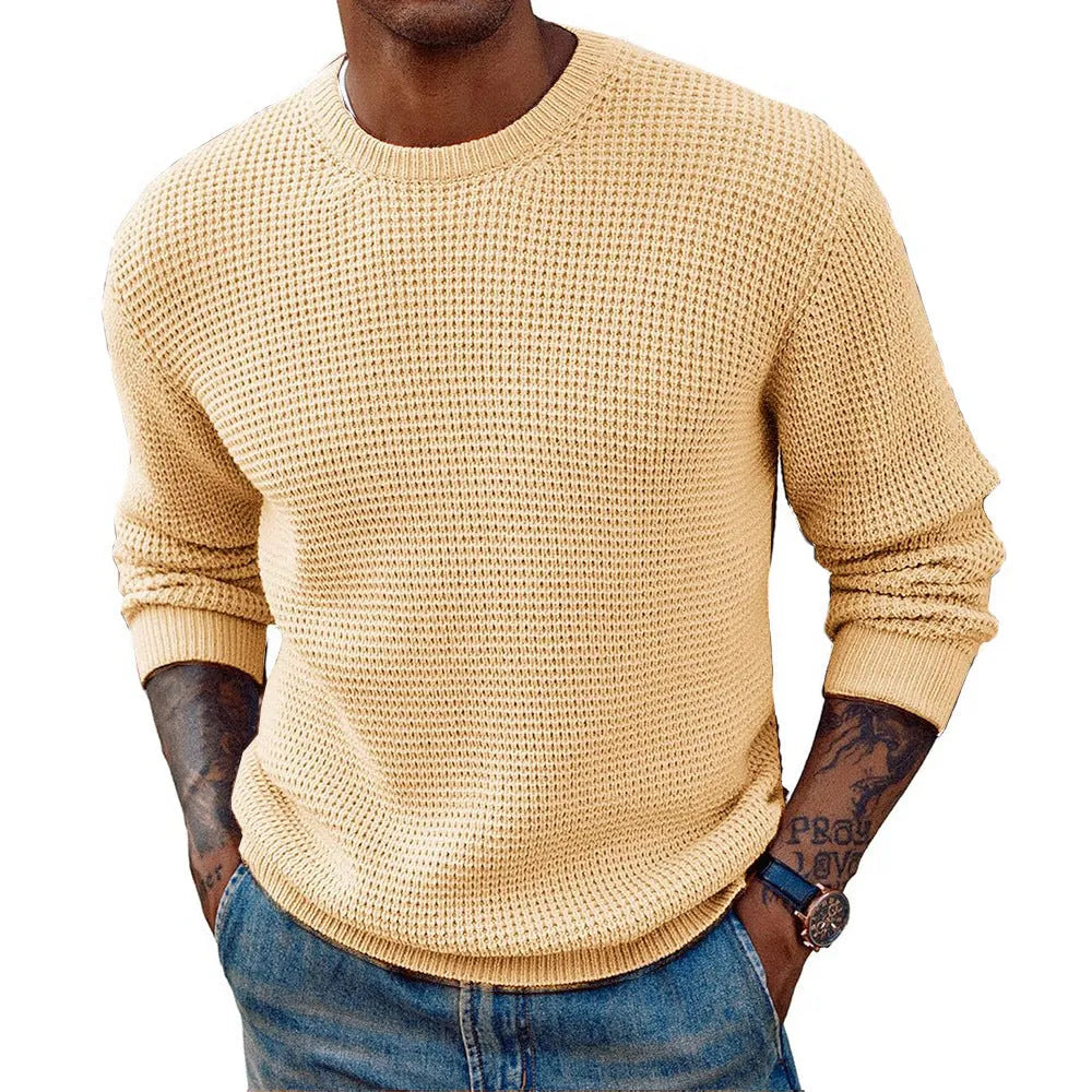 Men's solid colour round neck sweater pullover in beige, casual knit top