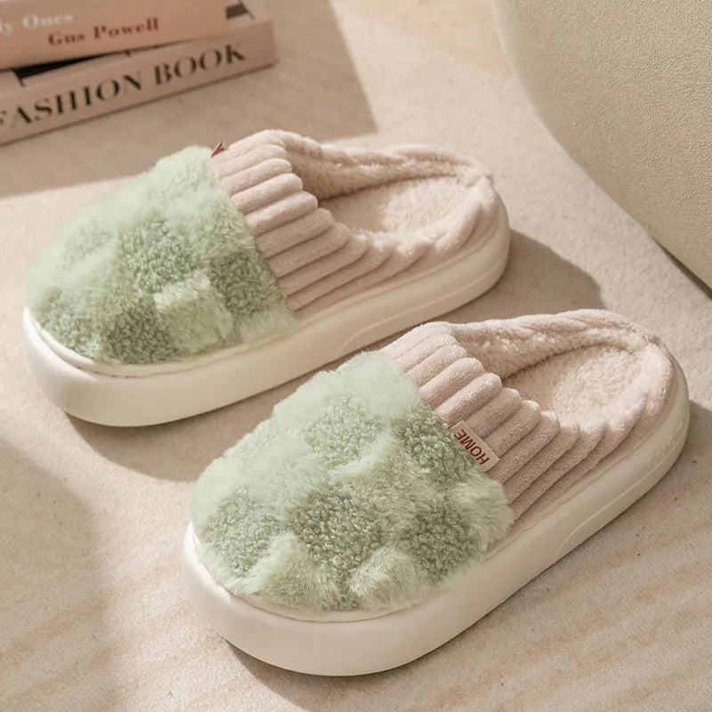 Women's plaid plush indoor slippers with anti-slip sole in multiple colour options