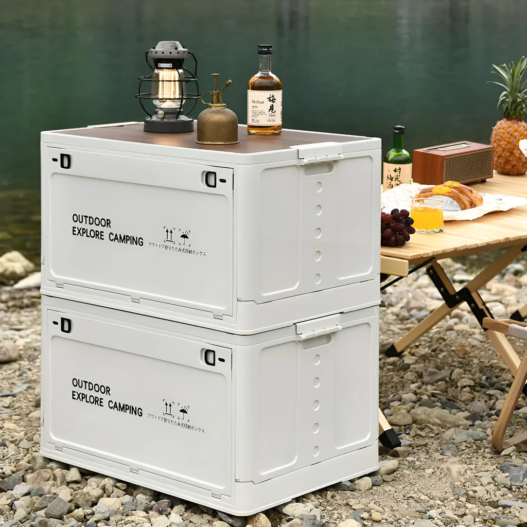 Large white foldable plastic storage box with a wooden lid, shown open and closed.