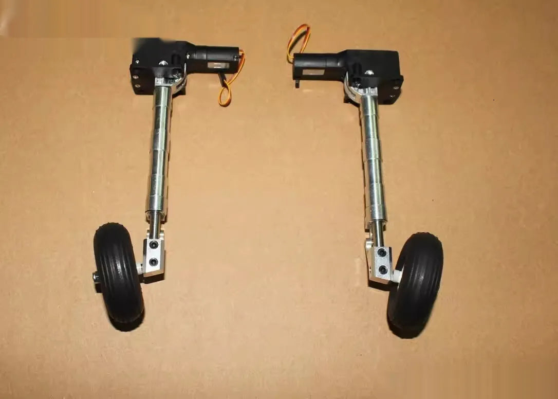 Alloy retractable shock-absorbing landing gear for RC aircraft with wheels.