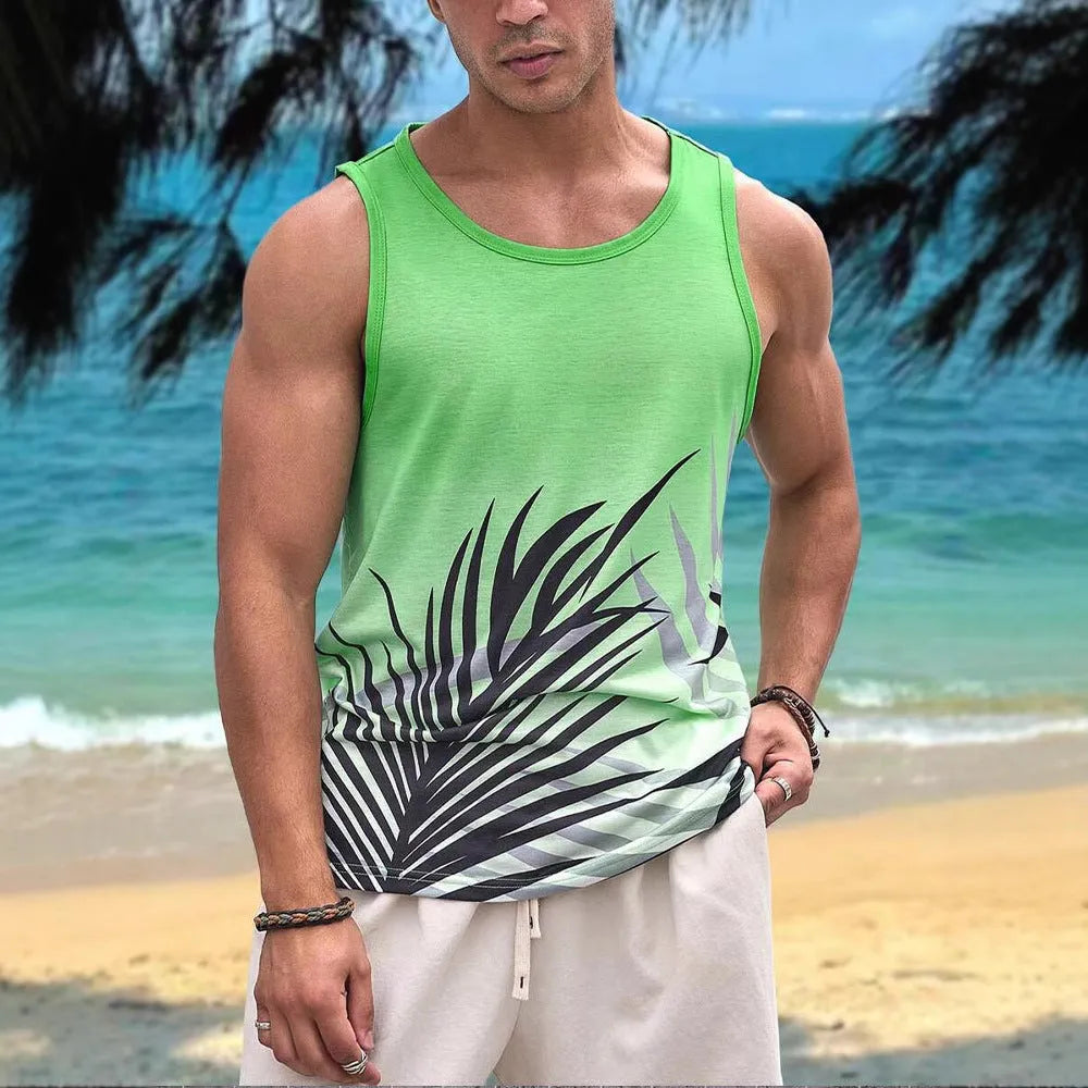 Men's solid colour Hawaiian style sleeveless vest t-shirt made from polyester pinhole cloth
