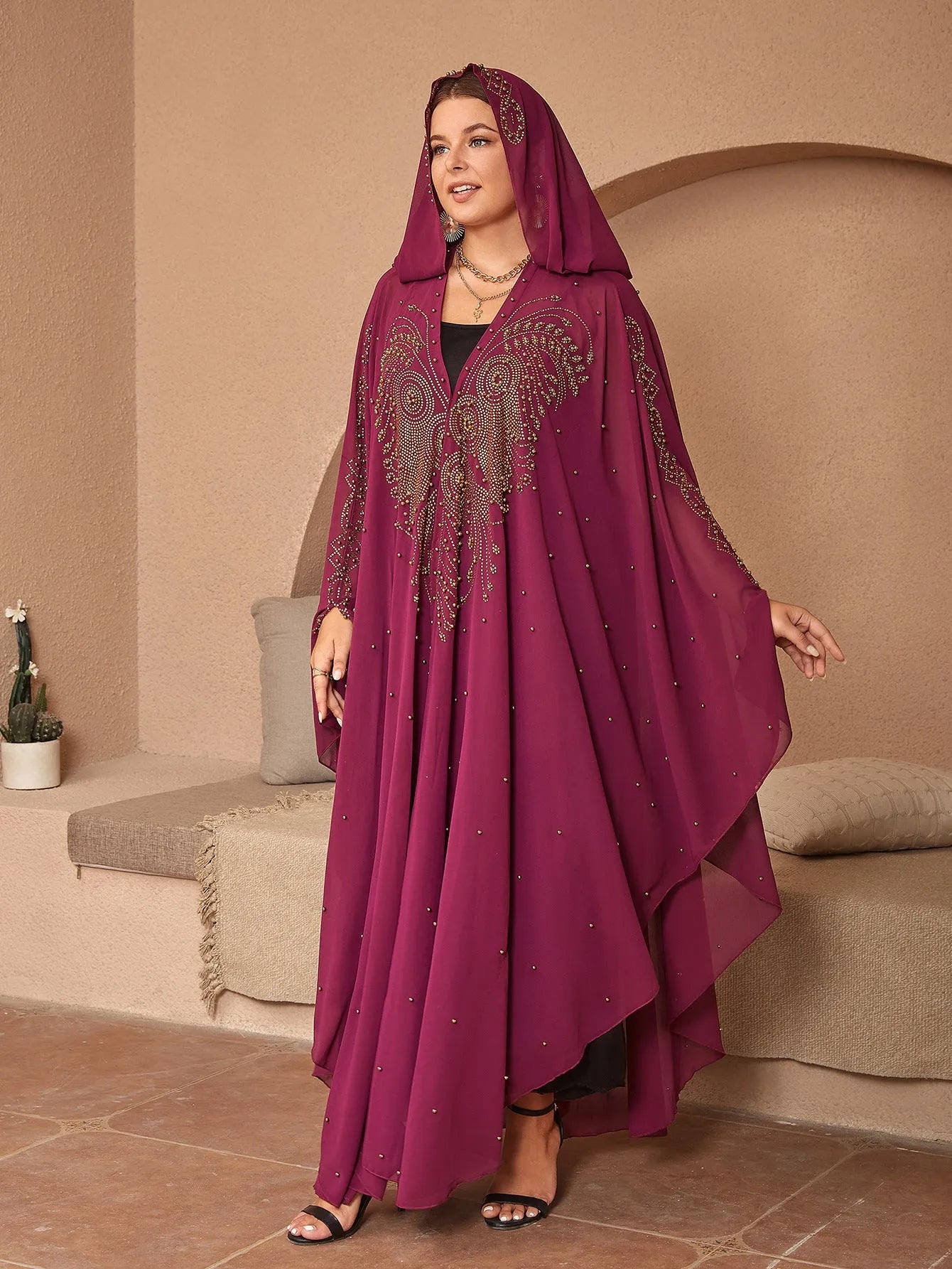 Purple chiffon cape shawl with rhinestone beading, shown draped, for women's modest wear
