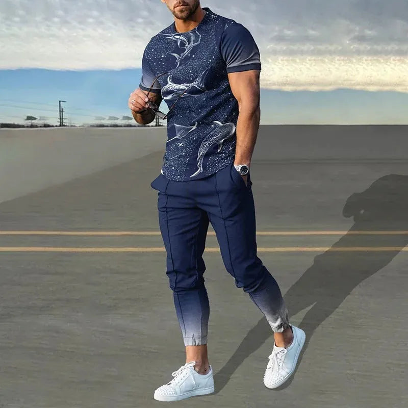 Man wearing a solid-colour short-sleeve top and matching trousers from a polyester sports set.