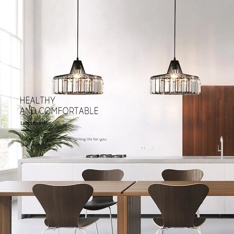 Modern crystal ceiling pendant lamp with LED lighting in gold finish showing crystal decorative elements