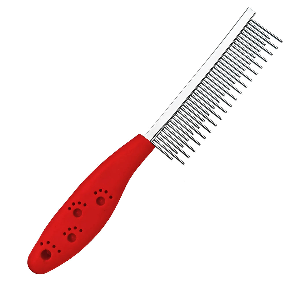 Red plastic handle pet grooming comb with rows of short and long stainless steel teeth