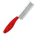 Red plastic handle pet grooming comb with rows of short and long stainless steel teeth