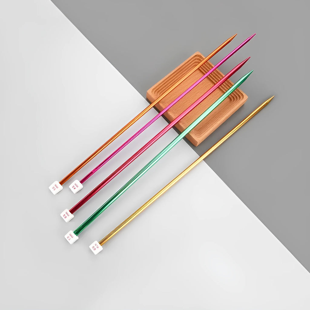 Set of lengthened crochet hooks in various sizes from 2.0mm to 10.0mm, each with a protective end cap.