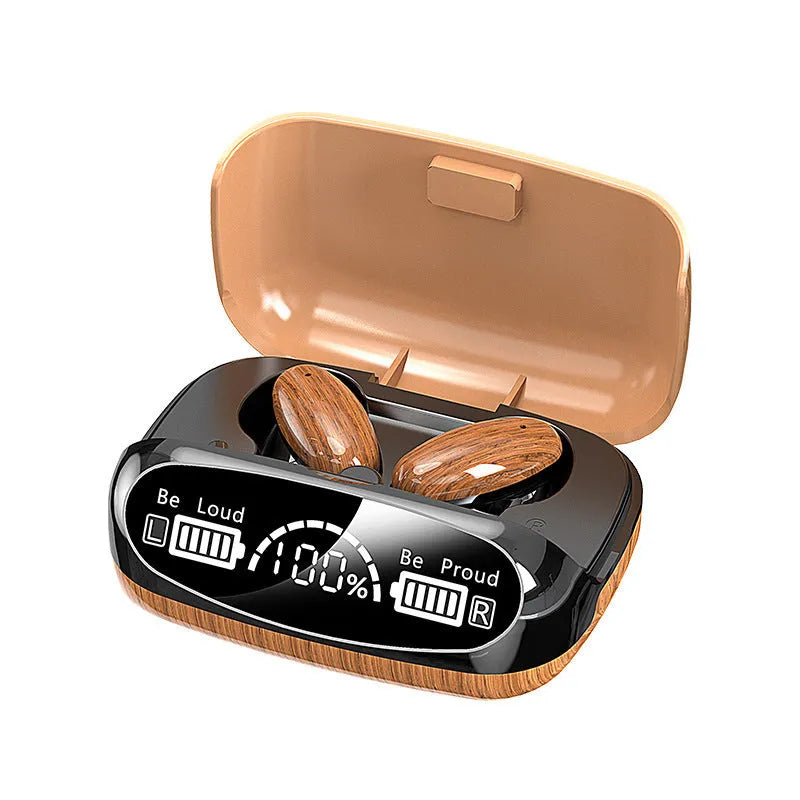 M35 wood grain Bluetooth wireless headset with charging case and cable