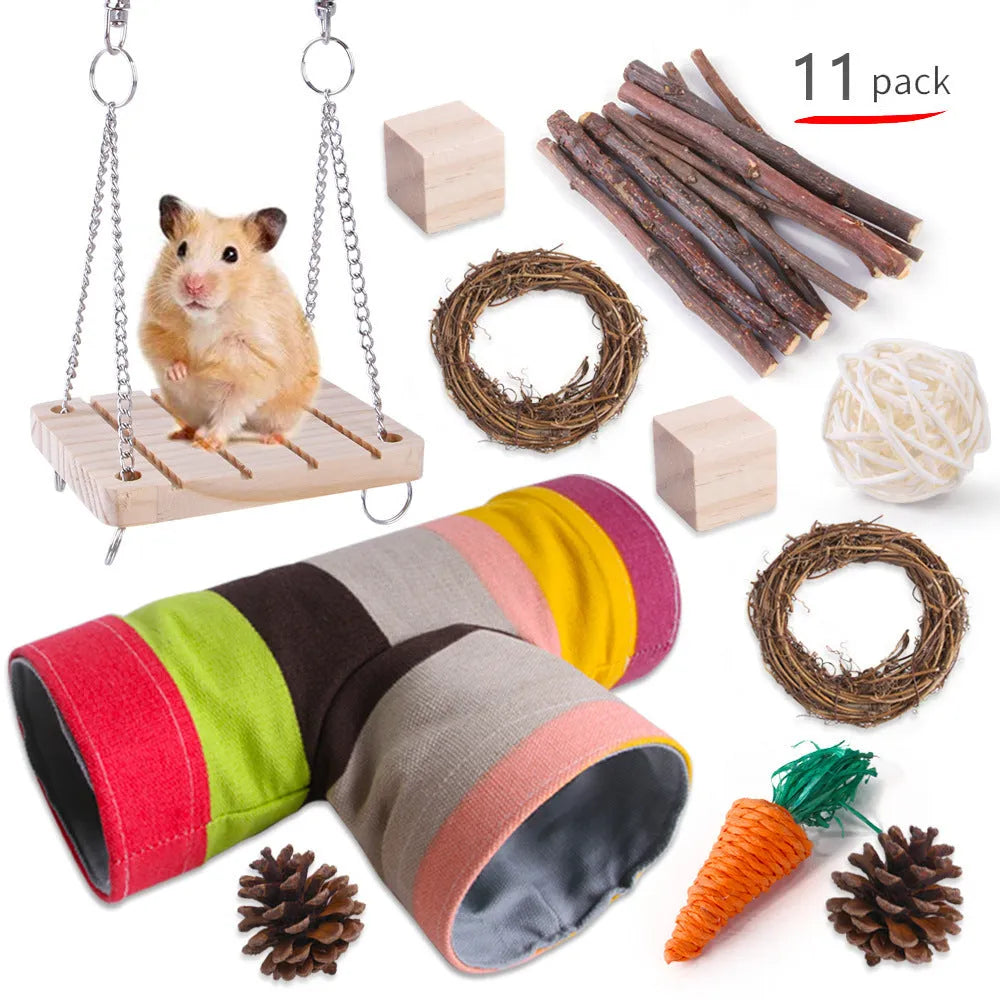 Wooden chew toy sets for rabbits, guinea pigs and parrots with various natural components