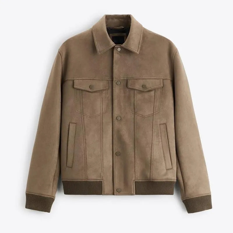 British-style suede velvet jacket coat in mink colour with long sleeves and structured cut