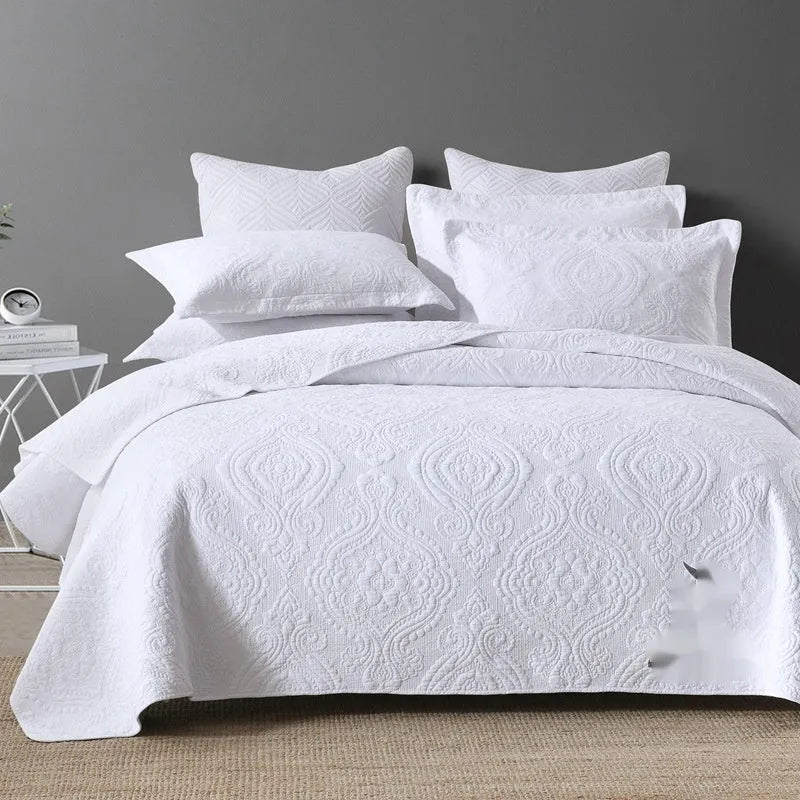 Pure cotton bed cover set showing damask pattern option with bed sheet, duvet cover and pillowcases