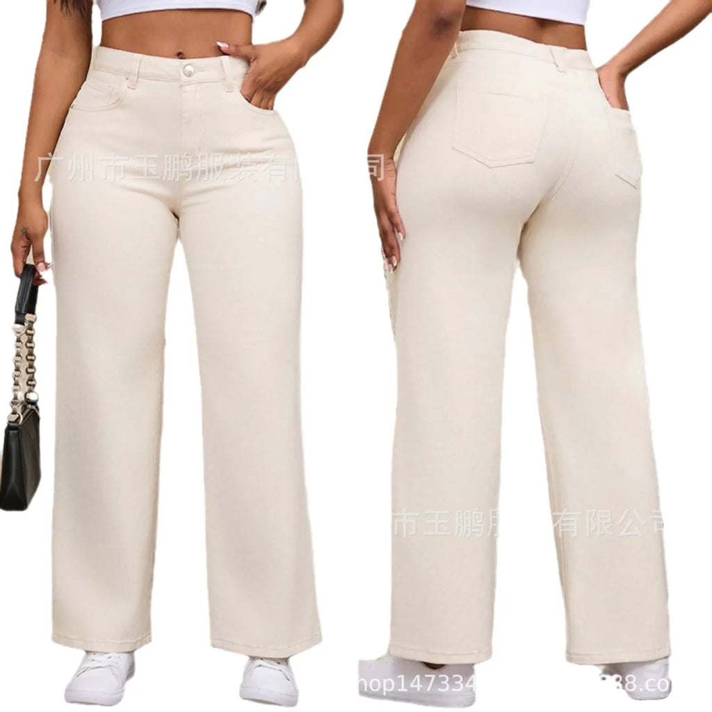 Women's high-waist straight leg wide jeans in apricot colour on a hanger.