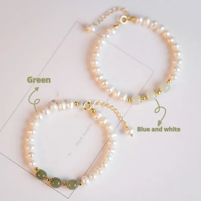 Korean-style natural freshwater pearl bracelet with diamond-shaped pearls in Hetian jade colour.