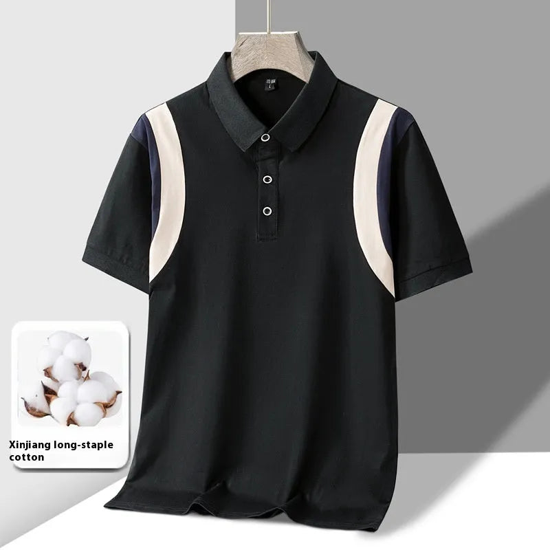 Men's striped cotton t-shirt with business lapel and Korean-style loose fit in summer colours