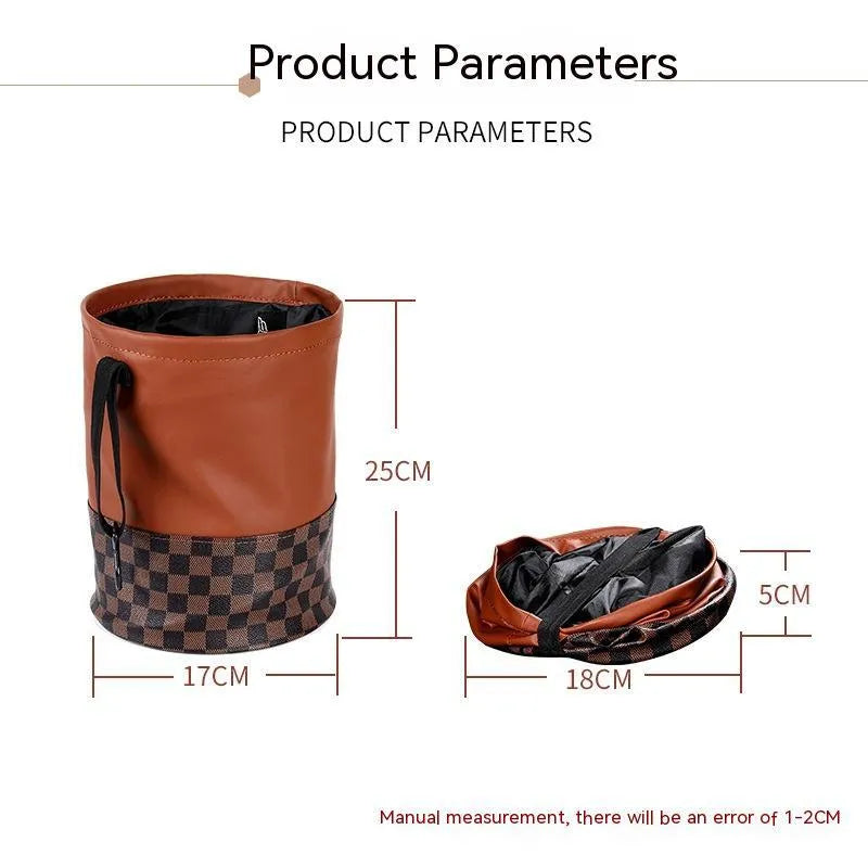Retractable leather car interior trash can showing folded and extended positions