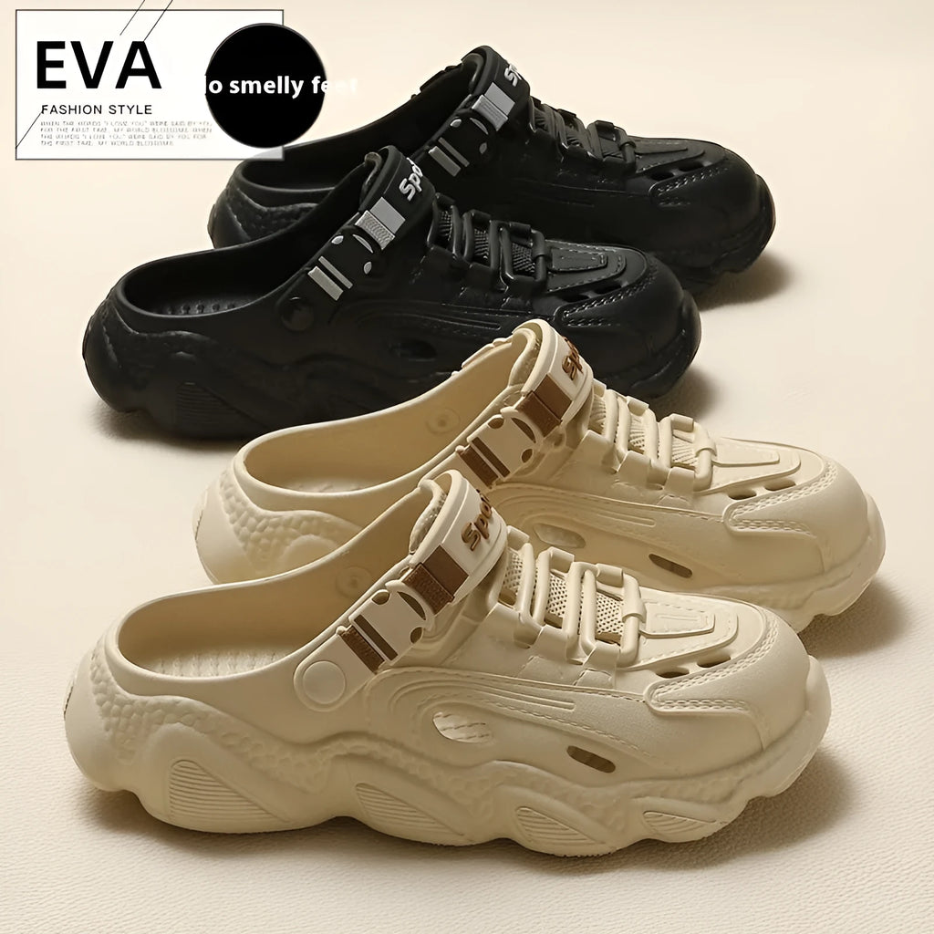 Men's khaki outdoor slippers with a breathable hollow-out design and textured EVA sole.