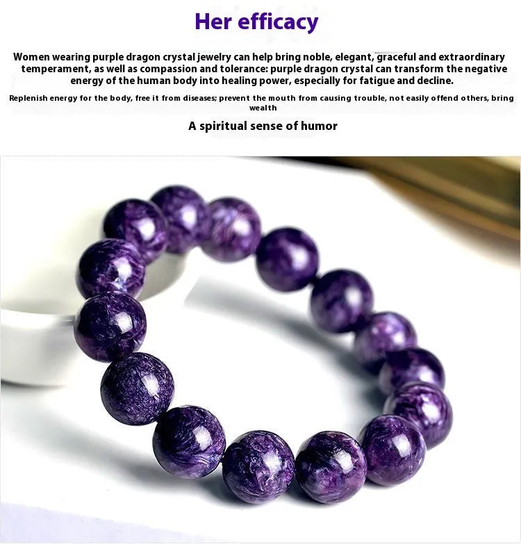 Natural transparent charoite crystal bracelet with platinum setting, showing different bead size options.