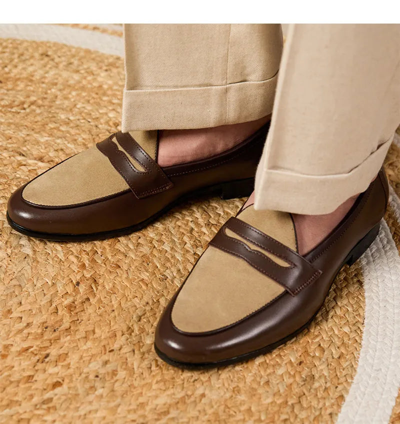 Coffee grey suede leather British-style loafers with one foot kick closure