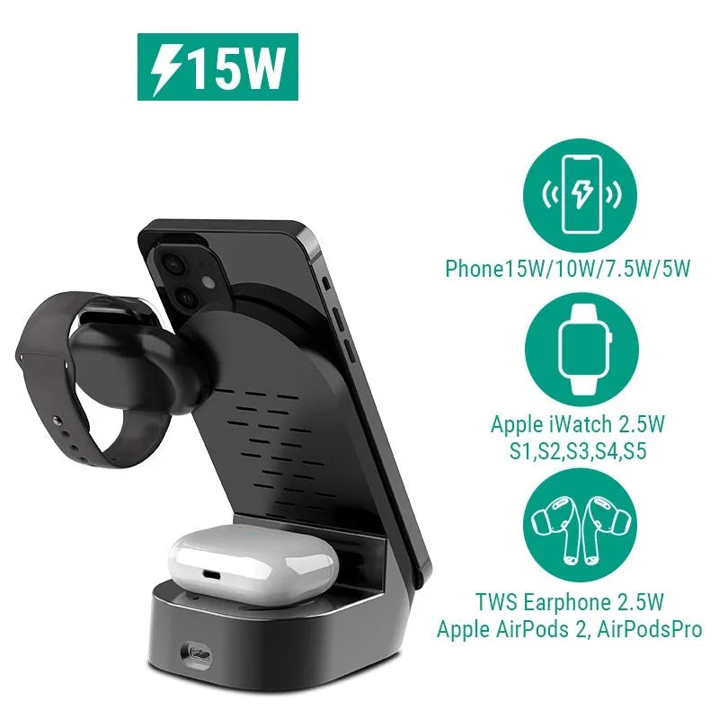 Black grey foldable 3-in-1 wireless charger vertical stand with phone, watch and headphone charging areas