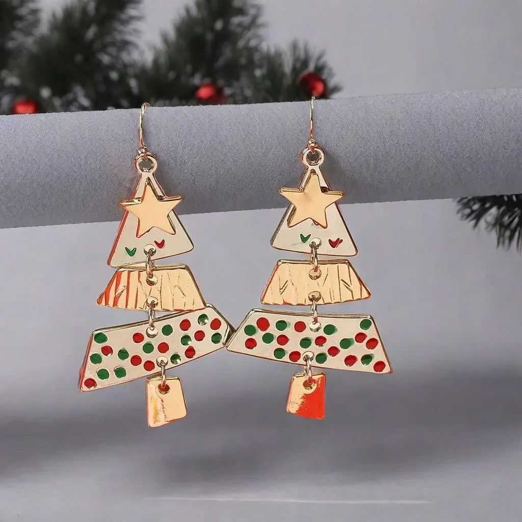Christmas tree necklace and earrings set with mixed colour alloy drip oil finish on leather wax line cord for women